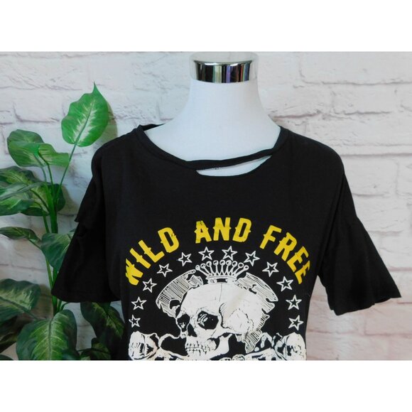 Wild And Free Death Soul Skull Graphic Black T-Shirt L Black Cold Shoulder - Picture 2 of 11